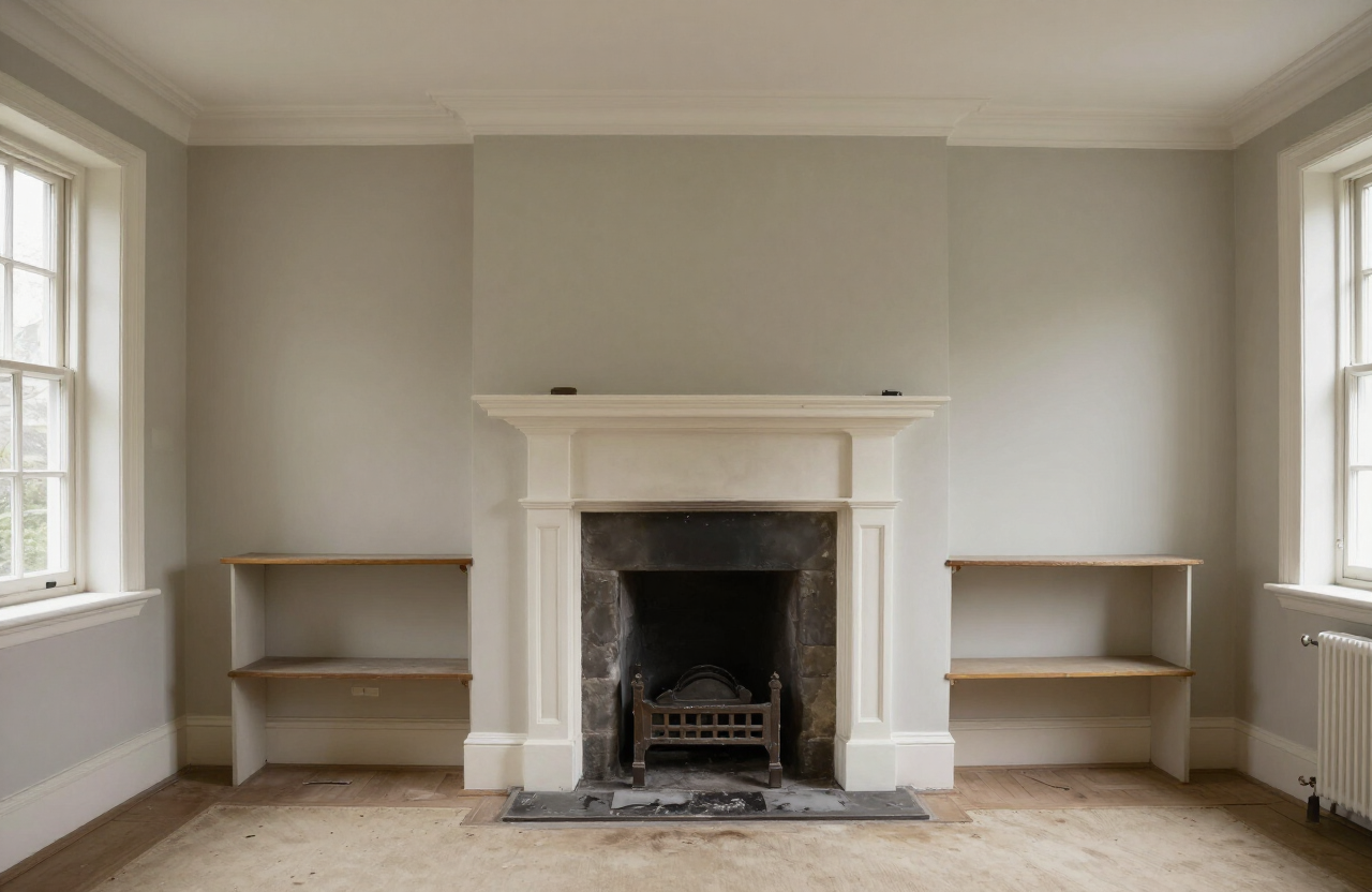 Living room fireplace and alcoves before bespoke joinery