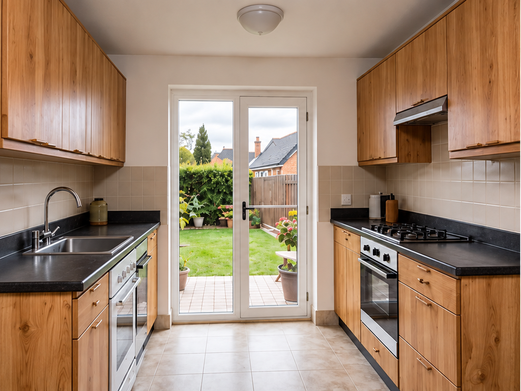 Kitchen before refurbishment with older timber cabinets and worktops